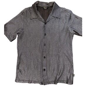 Vintage Pop Icon Buckle Mens Large Silver Black Textured Mesh Button Club Shirt
